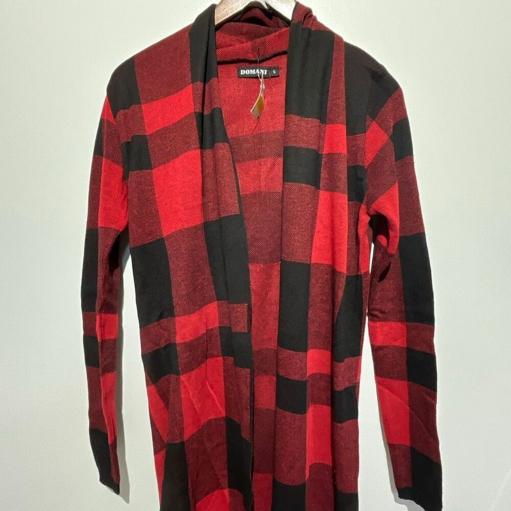 Domani Womens Red Black Buffalo Plaid Knit Open Front Cardigan Sweater Small NWT